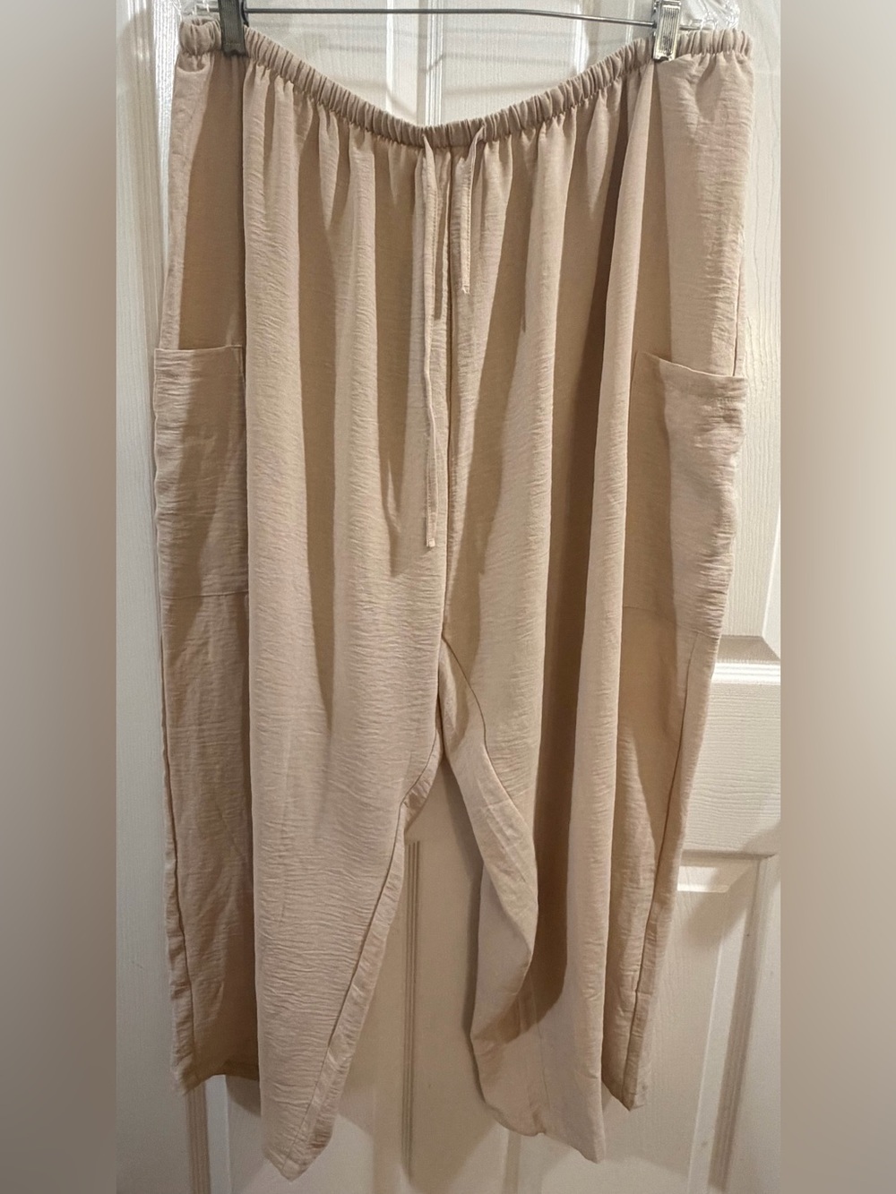 Beige Wide-Leg Drawstring Pants